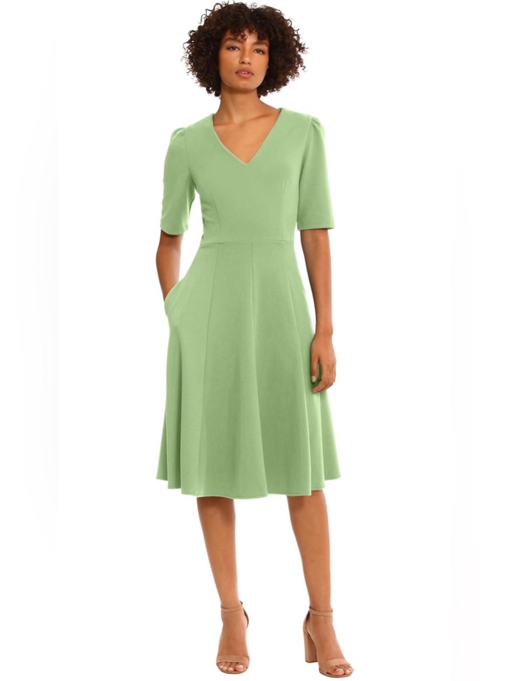 Mint Green V-Neck Midi Fit-and-Flare Dress